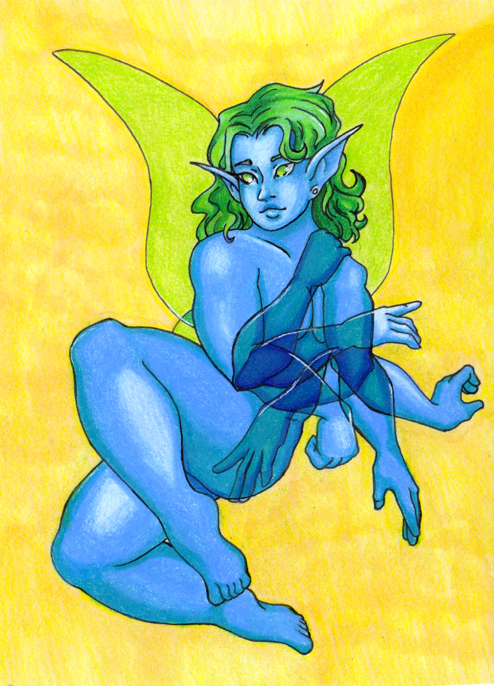 a surreal figure drawing of a slightly chubby nude female fairy on a yellow background. their skin is a light blue. they have multiple forearms which overlap into shades of darker blue.